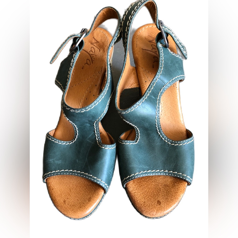 COPY - Lake blue leather buckled wedge sandals with crepe Sole
